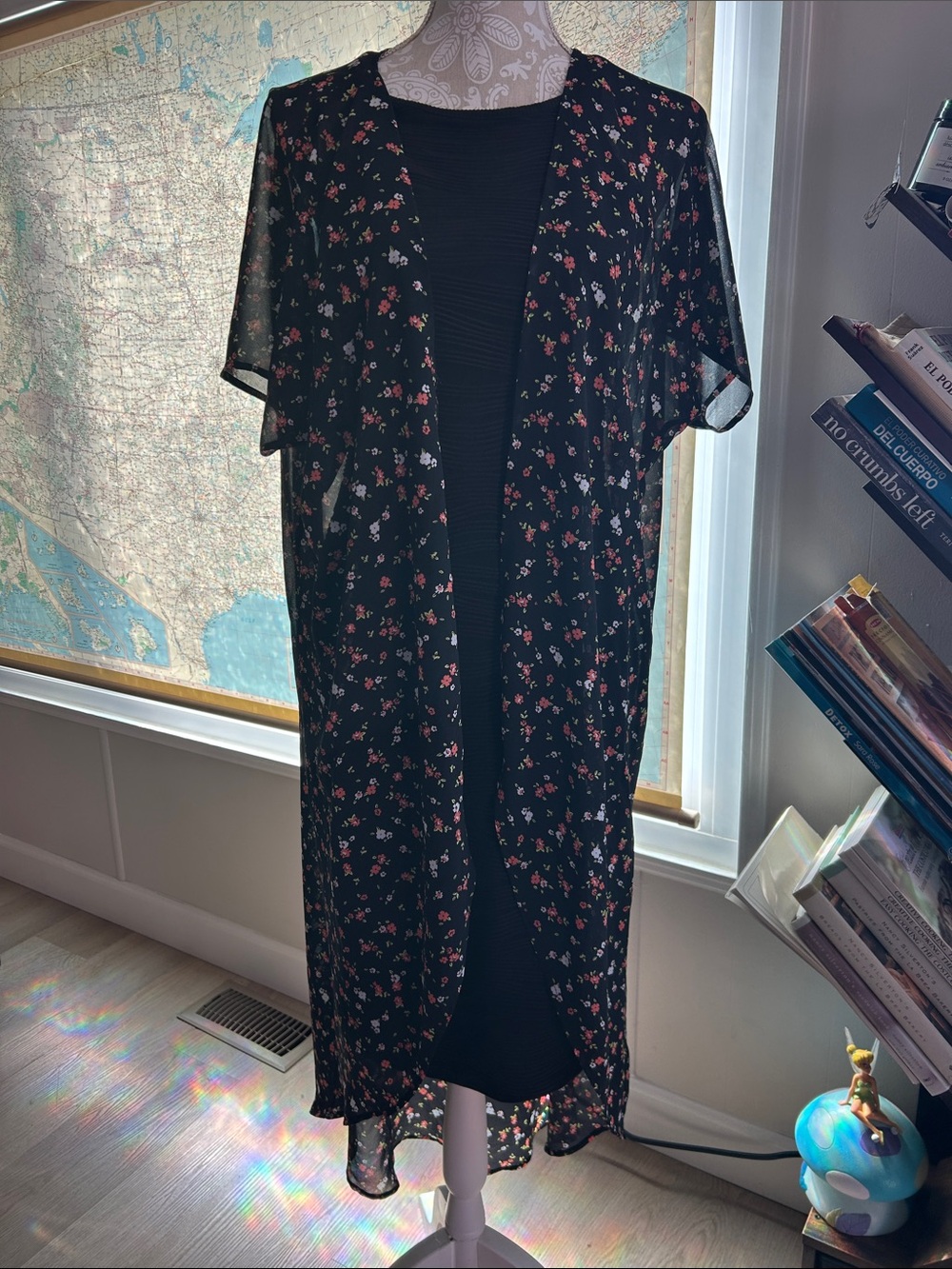torrid Black Floral Sheer Kimono with Coral and White Blooms